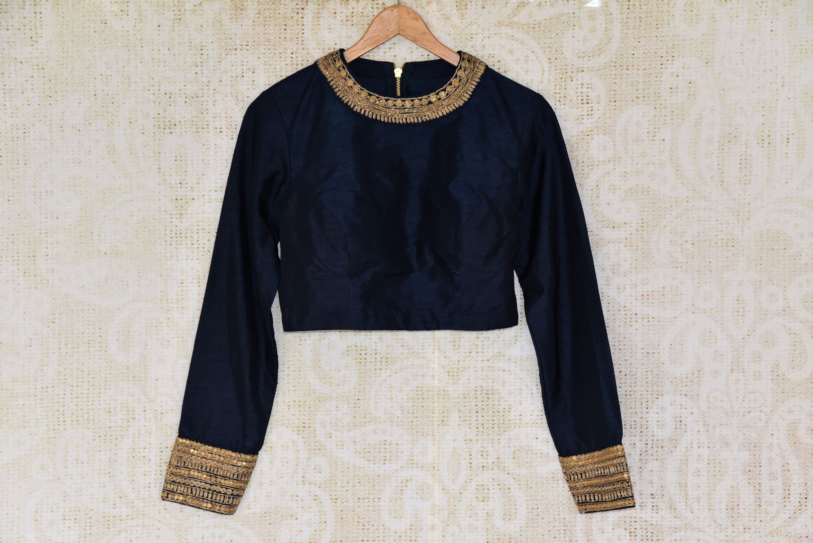 Buy navy blue embroidered silk saree blouse online in USA with full sleeves. Enhance your ethnic saree look with beautiful Indian readymade sari blouses from Pure Elegance Indian fashion store in USA.-front