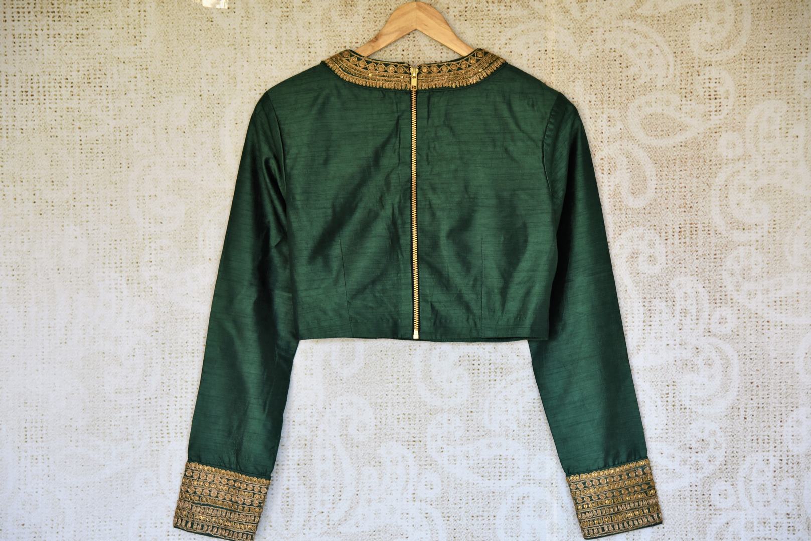 Buy bottle green embroidered silk designer sari blouse with full sleeves online in USA. Complete your saree look with exquisite designer sari blouses from Pure Elegance Indian clothing store in USA. -back