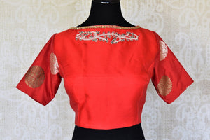 Buy red embroidered raw silk sari blouse online in USA with boat neckline. Complete your saree look with exquisite designer readymade saree blouses from Pure Elegance Indian clothing store in USA. -front