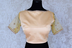 Buy cream silk embroidered saree blouse with back knot online in USA. Enhance your ethnic saree look with stunning Indian readymade sari blouses from Pure Elegance Indian fashion store in USA.-front