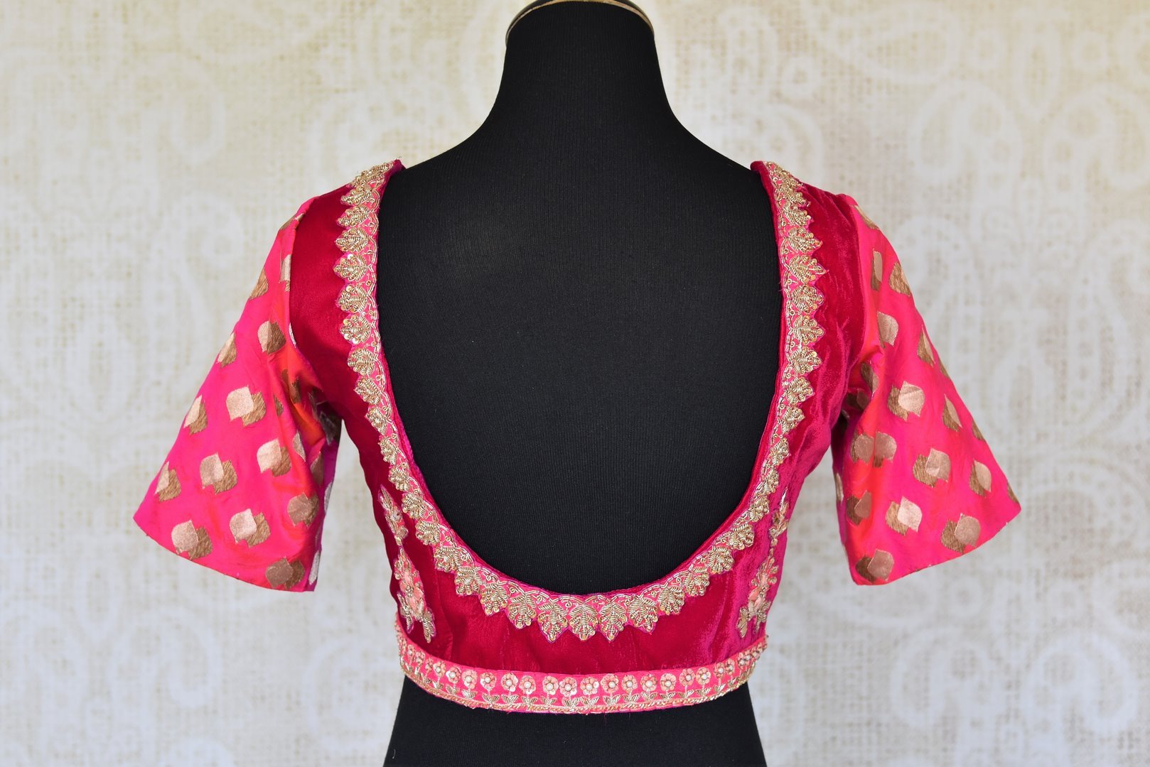 Shop pink Banarasi embroidered readymade sari blouse online in USA. Complete your saree look with exquisite designer readymade saree blouses from Pure Elegance Indian clothing store in USA. -back