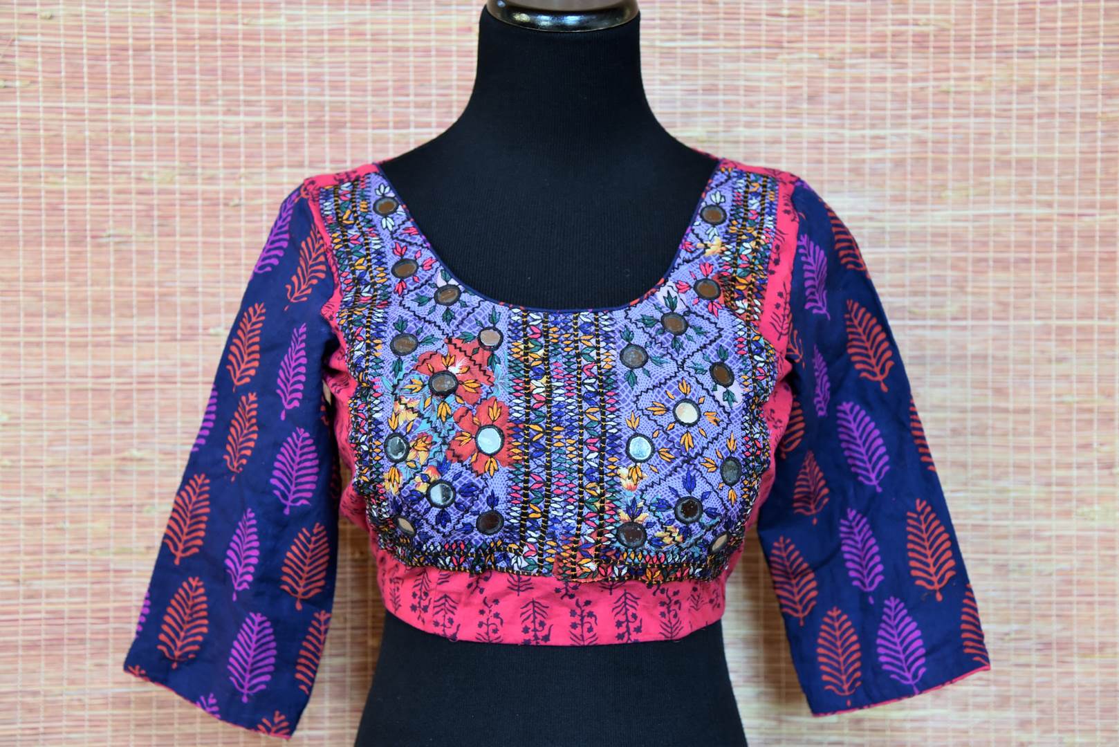 Shop blue block print saree blouse online in USA with mirror work. Go for a striking ethnic sari style with beautiful Indian sari blouses from Pure Elegance Indian fashion store in USA.-front
