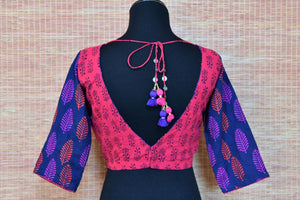 Shop blue block print saree blouse online in USA with mirror work. Go for a striking ethnic sari style with beautiful Indian sari blouses from Pure Elegance Indian fashion store in USA.-back