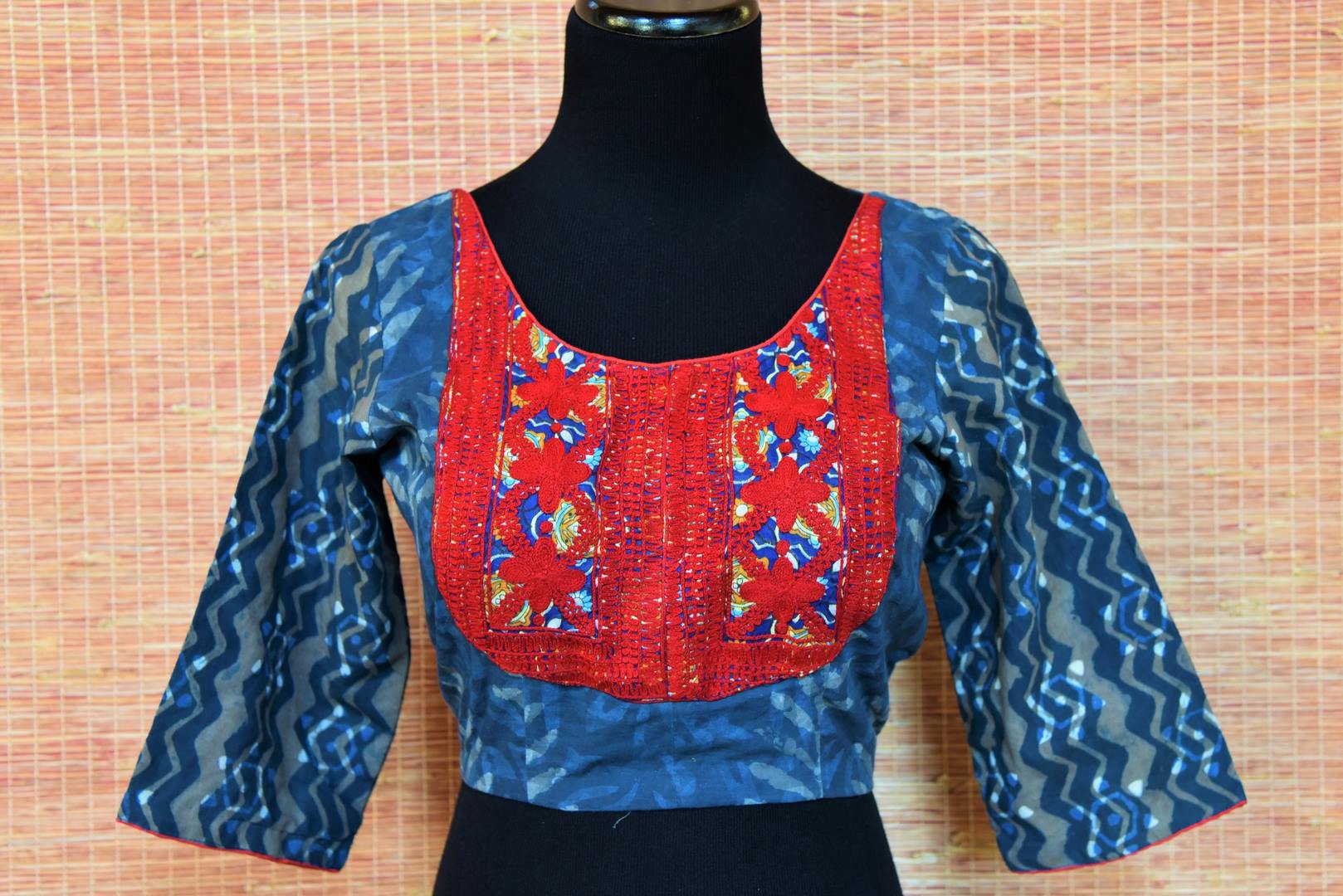Buy blue embroidered block print saree blouse online in USA. Go for a striking ethnic sari style with beautiful Indian sari blouses from Pure Elegance Indian fashion store in USA.-front