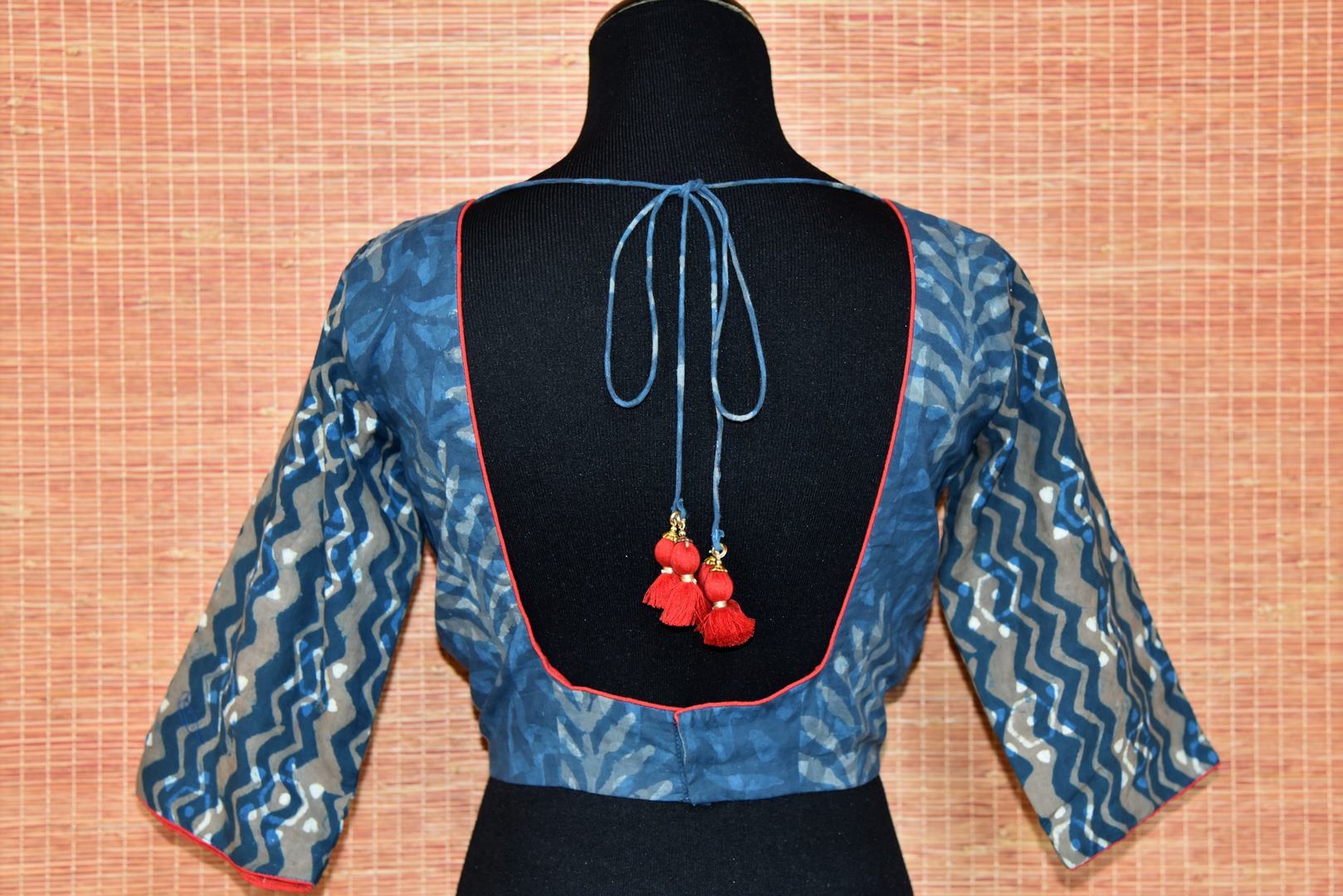 Buy blue embroidered block print saree blouse online in USA. Go for a striking ethnic sari style with beautiful Indian sari blouses from Pure Elegance Indian fashion store in USA.-back