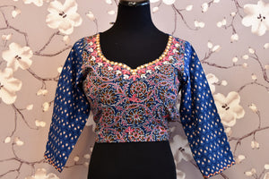 Shop blue block printed and embroidered saree blouse online in USA. Enhance your traditional saree look with a splendid range of designer saree blouses from Pure Elegance Indian fashion store in USA.-full view