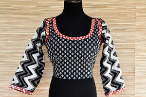 Buy elegant black and white block print embroidered saree blouse online in USA. Go for a striking ethnic sari style with beautiful Indian sari blouses from Pure Elegance Indian fashion store in USA.-front
