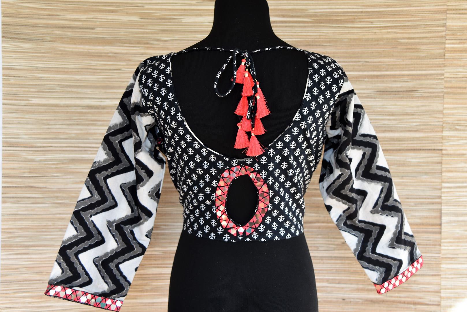 Buy elegant black and white block print embroidered saree blouse online in USA. Go for a striking ethnic sari style with beautiful Indian sari blouses from Pure Elegance Indian fashion store in USA.-back