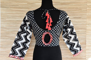 Buy elegant black and white block print embroidered saree blouse online in USA. Go for a striking ethnic sari style with beautiful Indian sari blouses from Pure Elegance Indian fashion store in USA.-back