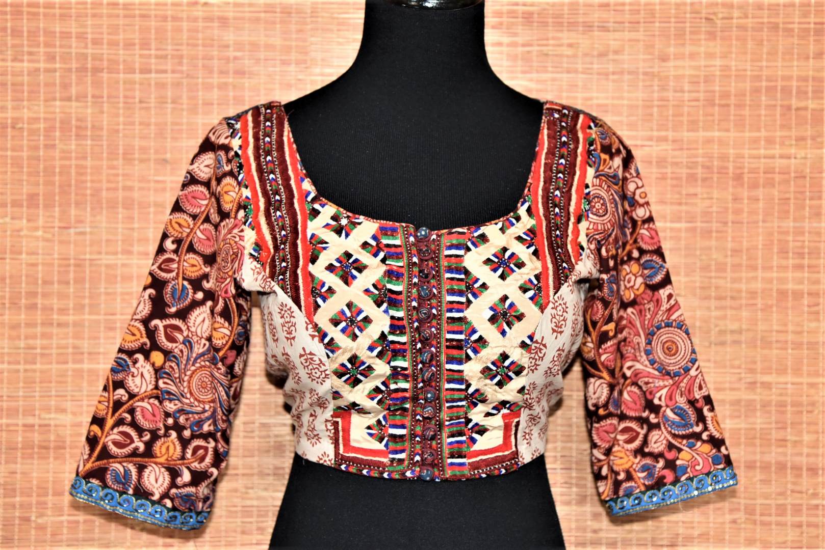 Shop multicolor block print readymade saree blouse online in USA. Buy readymade sari blouse in USA from Pure Elegance Indian fashion boutique in USA.-front