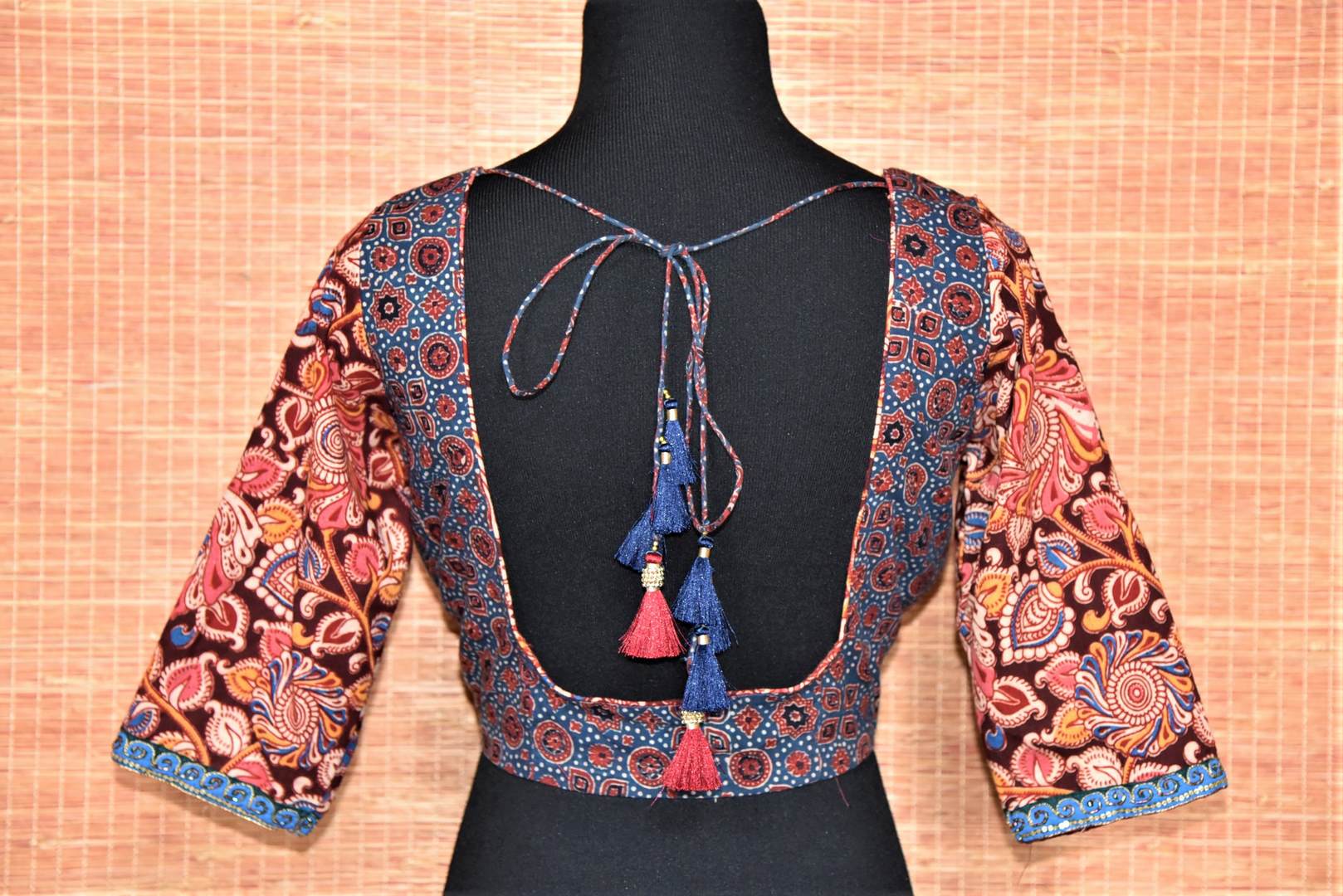 Shop multicolor block print readymade saree blouse online in USA. Buy readymade sari blouse in USA from Pure Elegance Indian fashion boutique in USA.-back
