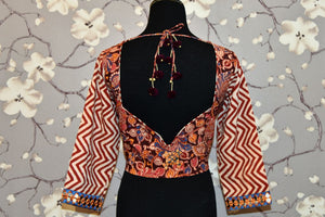 Buy brown block print embroidered readymade saree blouse online in USA. Enhance your traditional saree look with a splendid range of designer saree blouses from Pure Elegance Indian fashion store in USA.-back
