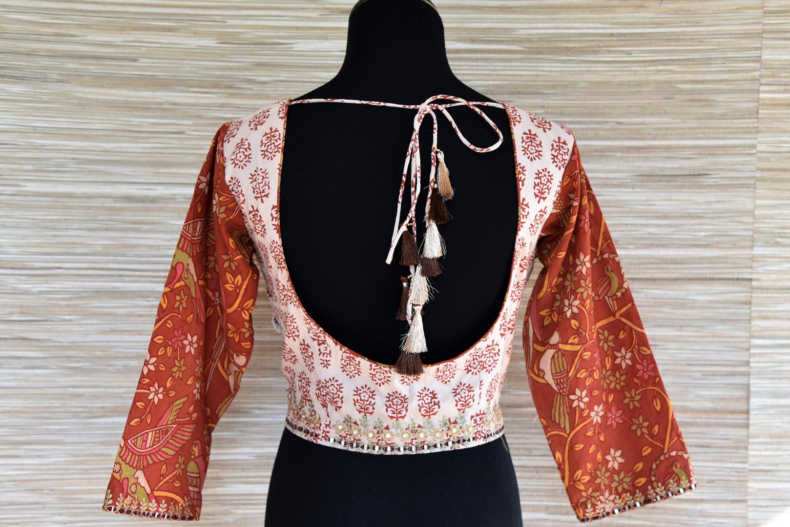 Buy cream block print embroidered saree blouse online in USA with brown sleeves. Go for a striking ethnic sari style with beautiful designer saree blouses from Pure Elegance Indian fashion store in USA.-back