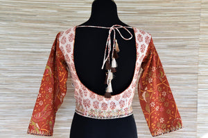Buy cream block print embroidered saree blouse online in USA with brown sleeves. Go for a striking ethnic sari style with beautiful designer saree blouses from Pure Elegance Indian fashion store in USA.-back