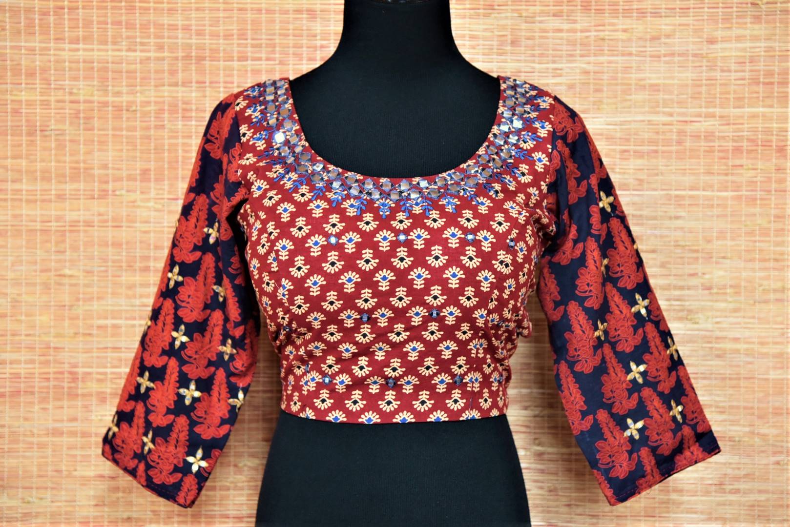 Shop stunning red block print mirror work saree blouse online in USA. Buy readymade sari blouse in USA from Pure Elegance Indian fashion boutique in USA.-front