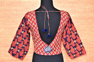 Shop stunning red block print mirror work saree blouse online in USA. Buy readymade sari blouse in USA from Pure Elegance Indian fashion boutique in USA.-back