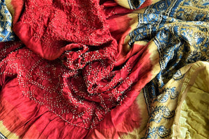 Buy beautiful red and yellow bandhej gajji silk dupatta online in USA with Ajrakh print. Choose from an exclusive collection of Indian designer suits, Anarakali dresses, palazzo suits, salwar suits, designer gowns, readymade dupatta, sharara suits from Pure Elegance Indian clothing store in USA.-full view