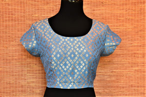 Buy elegant blue Banarasi silk readymade saree blouse online in USA. Highlight your beautiful sarees with gorgeous designer sarees blouses, readymade saree blouses from Pure Elegance Indian clothing store in USA.-front