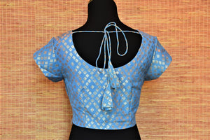 Buy elegant blue Banarasi silk readymade saree blouse online in USA. Highlight your beautiful sarees with gorgeous designer sarees blouses, readymade saree blouses from Pure Elegance Indian clothing store in USA.-back
