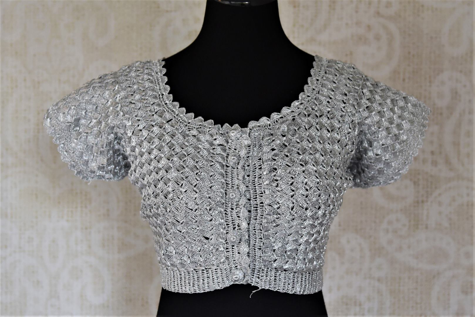 Buy silver crochet sari blouse online in USA. Shop such gorgeous readymade saree blouse in USA from Pure Elegance Indian clothes store in USA.-front