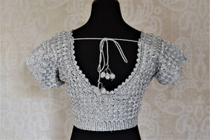 Buy silver crochet sari blouse online in USA. Shop such gorgeous readymade saree blouse in USA from Pure Elegance Indian clothes store in USA.-back