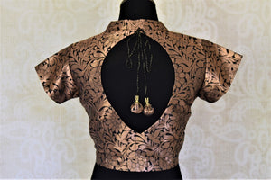 Buy lovely black and copper Banarasi silk readymade saree blouse online in USA. Elevate your handwoven sarees with this beautiful readymade saree blouses from Pure Elegance Indian clothing store in USA.-back