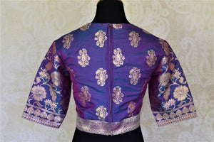Shop gorgeous purple Banarasi silk saree blouse online in USA with zari buta. Elevate your handwoven sarees with this beautiful readymade saree blouses from Pure Elegance Indian clothing store in USA.-back