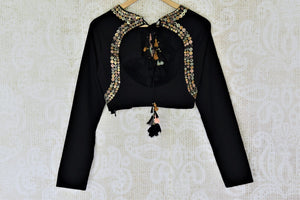 Shop gorgeous black hand embroidery cotton saree blouse online in USA. Complete your beautiful Indian saris with designer saree blouses ,readymade saree blouse, cotton blouses, silk sari blouses from Pure Elegance Indian saree store in USA.-back