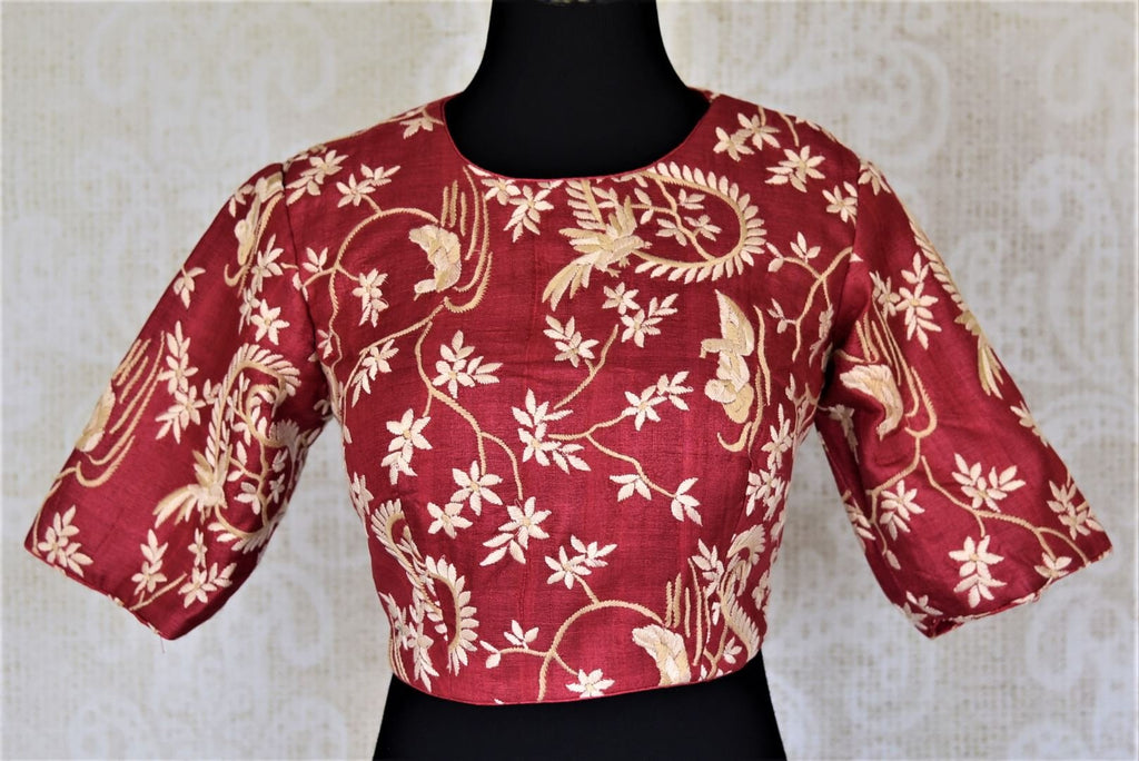 Buy red embroidered silk readymade saree blouse online in USA. Enhance your sarees with beautiful embroidered saree blouse, designer sari blouse from Pure Elegance Indian fashion store in USA.-front