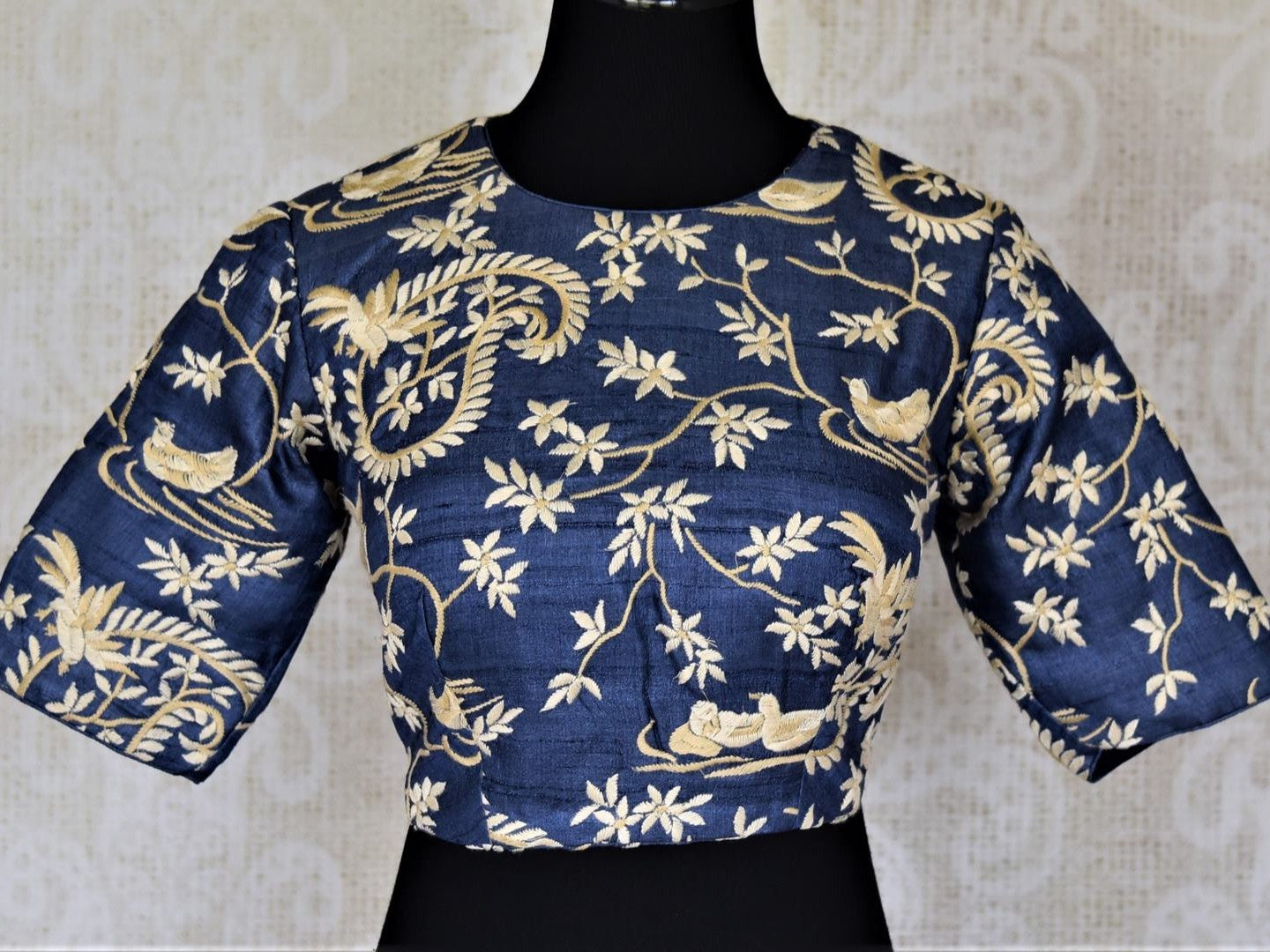 Buy dark blue embroidered silk readymade sari blouse online in USA. Enhance your sarees with beautiful embroidered sari blouse, designer saree blouse from Pure Elegance Indian fashion store in USA.-front