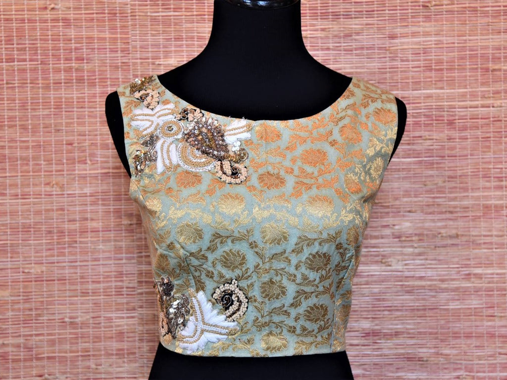 Shop powder blue sleeveless embroidered Banarasi saree blouse online in USA. Complete your Indian sarees with exquisite readymade saree blouse from Pure Elegance Indian clothing store in USA.-full view