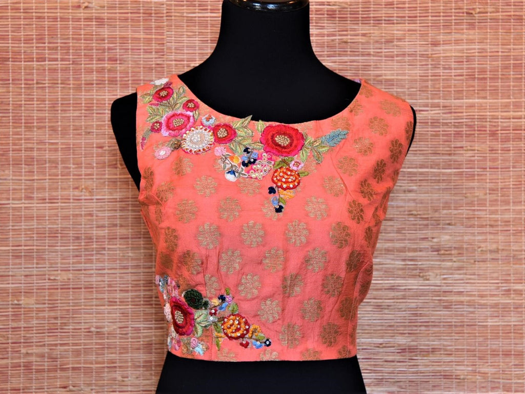 Buy peach sleeveless embroidered Banarasi saree blouse online in USA. Complete your Indian sarees with exquisite readymade saree blouse from Pure Elegance Indian clothing store in USA.-front