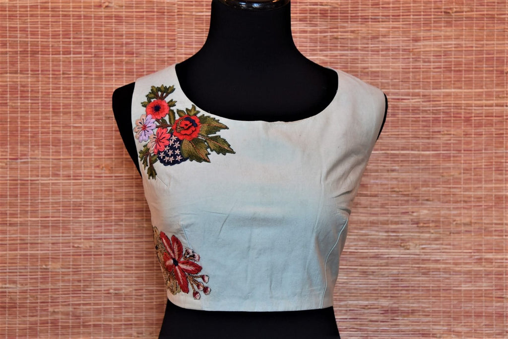 Buy light grey embroidered raw silk sleeveless sari blouse online in USA. Complete your Indian sarees with exquisite readymade saree blouse from Pure Elegance Indian clothing store in USA.-front