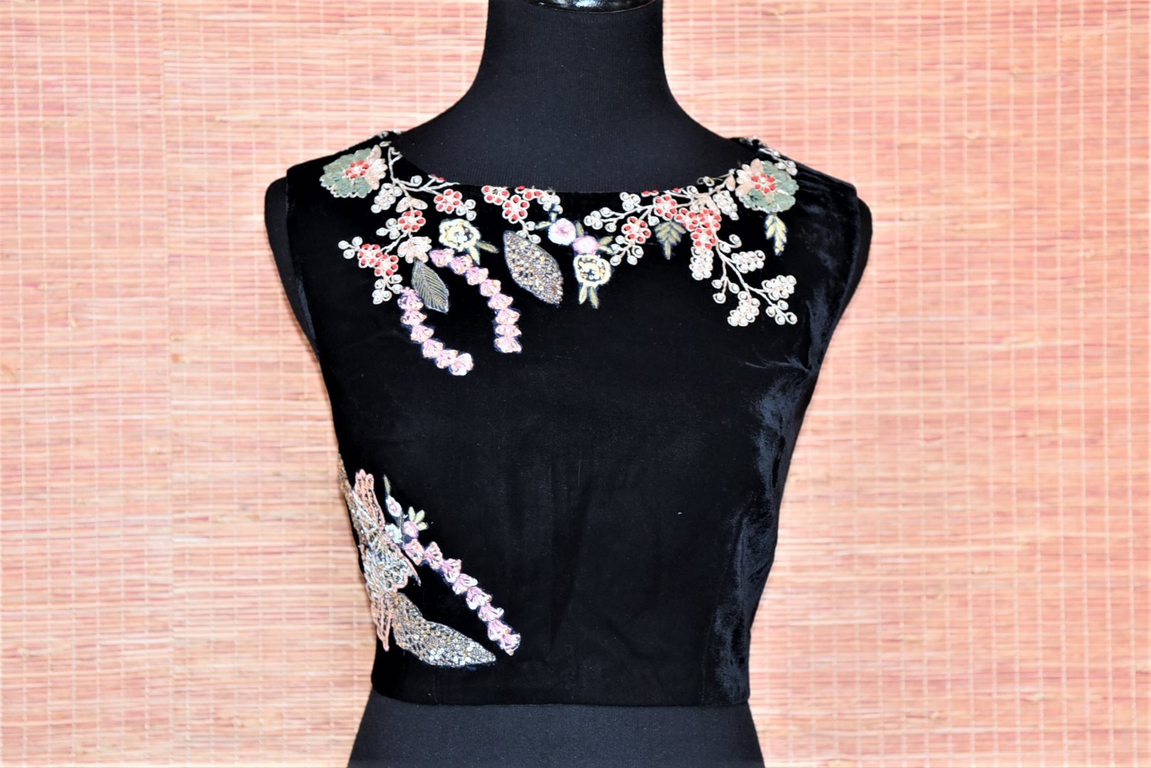 Shop ravishing black sleeveless embroidered velvet saree blouse online in USA. Complete your Indian sarees with exquisite readymade sari blouse from Pure Elegance Indian clothing store in USA.-full view