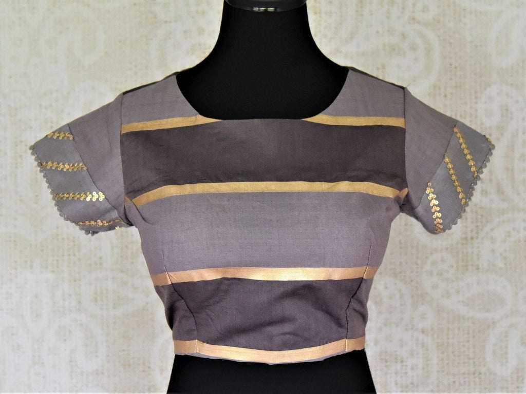 Buy stunning two-tone grey striped embroidered silk sari blouse online in USA. Complete your ethnic saree look with designer blouses, readymade saree blouse, embroidered saree blouse from Pure Elegance Indian saree store in USA.-front
