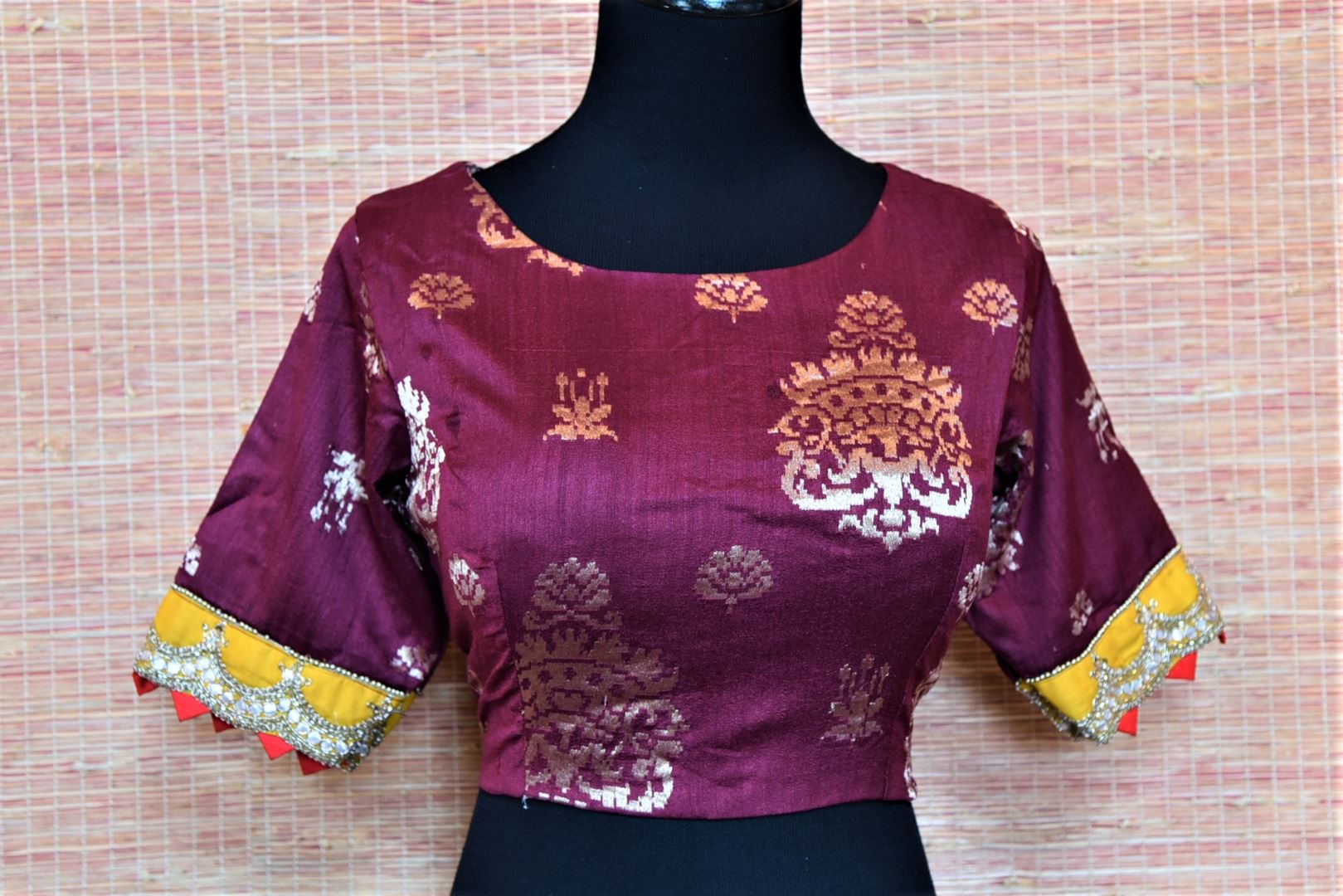 Shop beautiful purple readymade embroidered Banarasi saree blouse online in USA. Complete your Indian sarees with exquisite readymade sari blouse from Pure Elegance Indian clothing store in USA.-front
