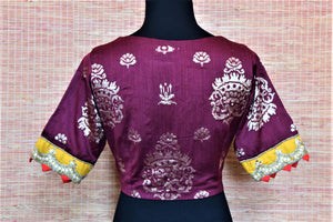 Shop beautiful purple readymade embroidered Banarasi saree blouse online in USA. Complete your Indian sarees with exquisite readymade sari blouse from Pure Elegance Indian clothing store in USA.-back