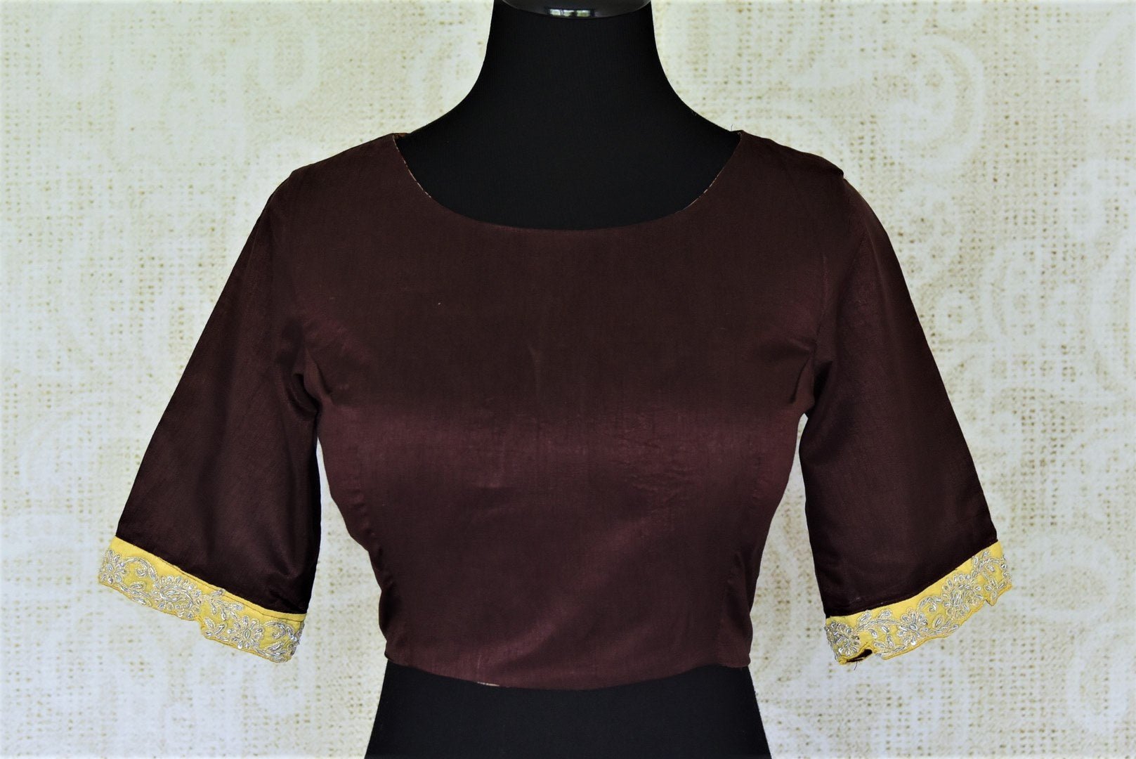 Buy beautiful coffee brown silk saree blouse online in USA with hand embroidered border. Complete your beautiful Indian saris with designer saree blouses ,readymade saree blouse, cotton blouses, silk sari blouses from Pure Elegance Indian saree store in USA.-full view