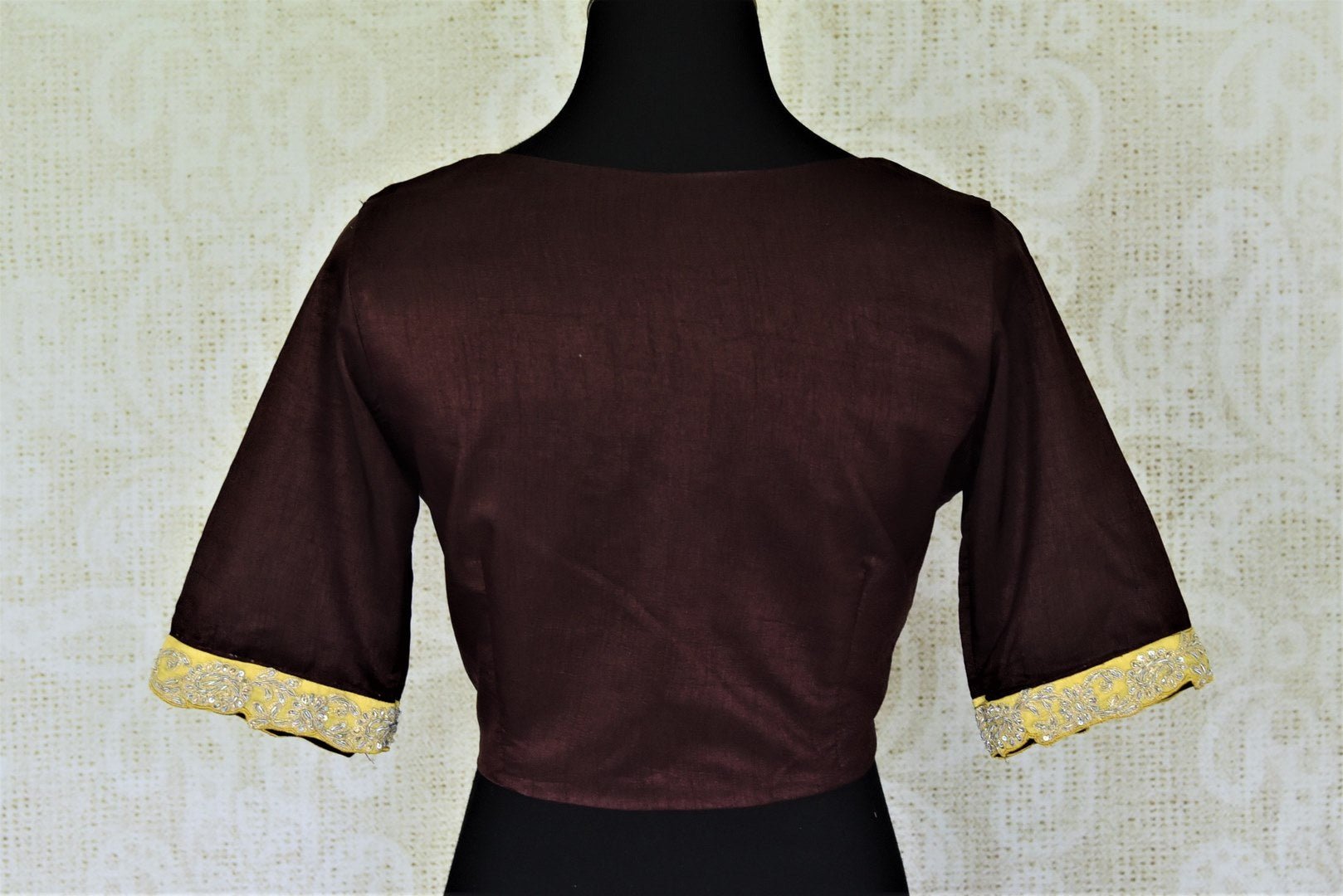 Buy beautiful coffee brown silk saree blouse online in USA with hand embroidered border. Complete your beautiful Indian saris with designer saree blouses ,readymade saree blouse, cotton blouses, silk sari blouses from Pure Elegance Indian saree store in USA.-back