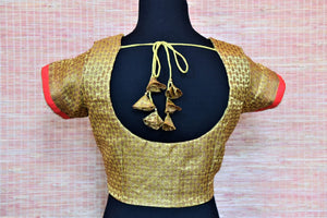 Buy beautiful golden embroidered Banarasi saree blouse online in USA. Complete your Indian sarees with exquisite readymade sari blouse from Pure Elegance Indian clothing store in USA.-back