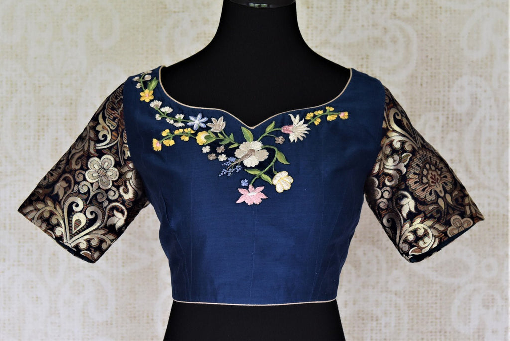 Buy beautiful blue applique silk saree blouse online in USA with black floral sleeves. Complete your beautiful Indian saris with designer saree blouses ,readymade saree blouse, cotton blouses, silk sari blouses from Pure Elegance Indian saree store in USA.-front