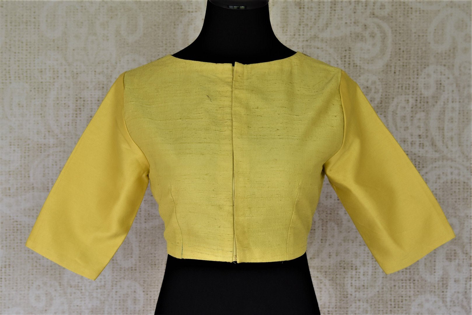 Buy lemon yellow designer saree blouse online in USA with applique work back. Shop beautiful designer sari blouses, readymade sari blouse in USA from Pure Elegance Indian fashion store in USA. Shop online now.-front