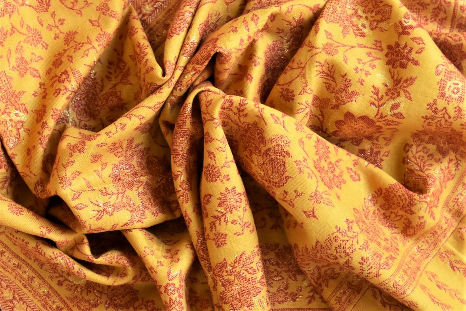 Buy stunning yellow and red floral Kani weave stole online in USA. Shop beautiful designer stoles, embroidered dupattas, Banarasi dupattas, handwoven dupatta from Pure Elegance Indian fashion store in USA.-full view