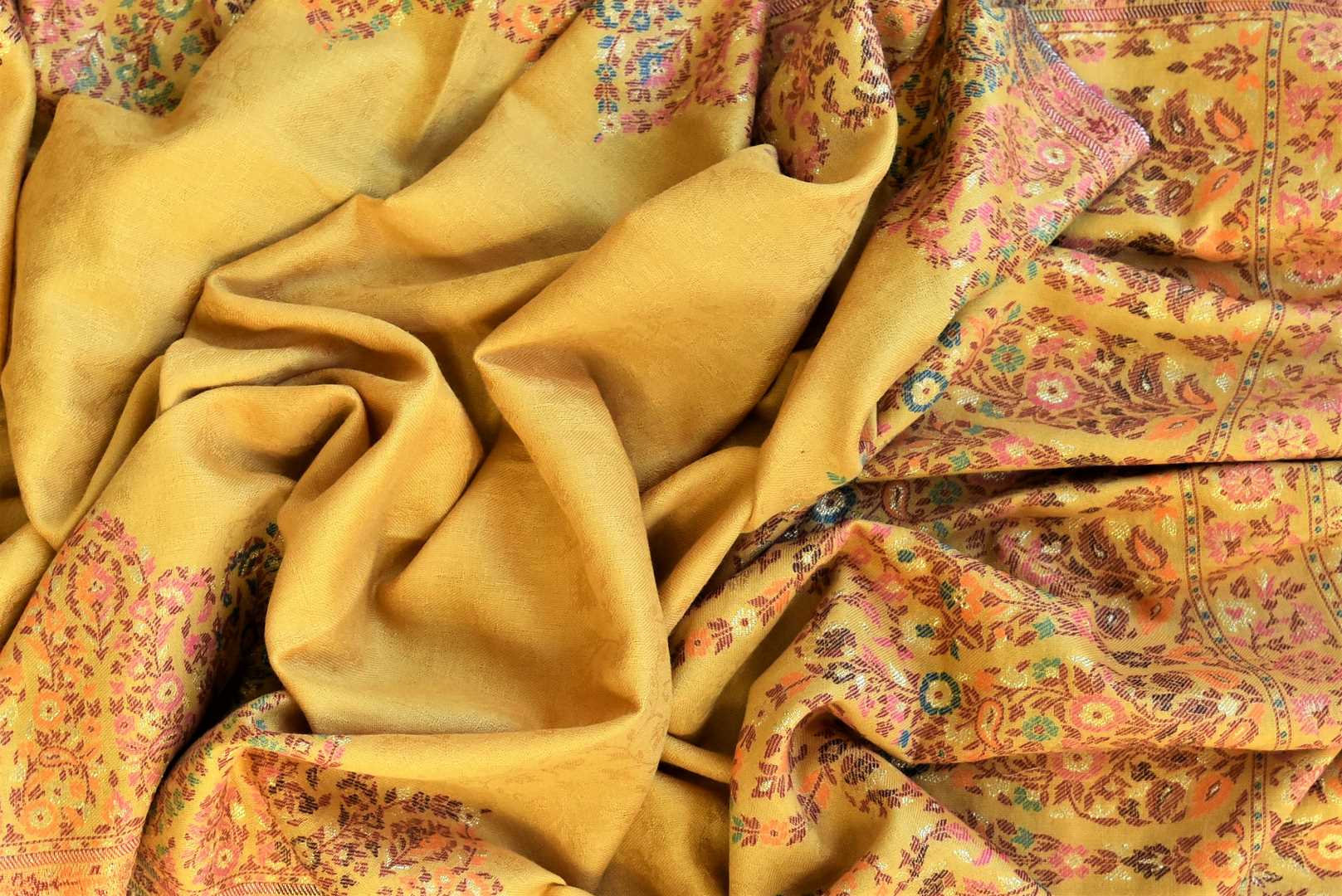 Shop stunning yellow stole with Kani weave online in USA. Shop beautiful designer stoles, embroidered dupattas, Banarasi dupattas, handwoven dupatta from Pure Elegance Indian fashion store in USA.-full view