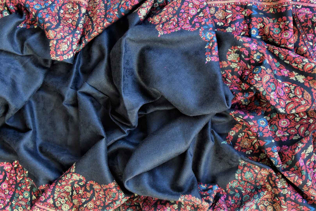 Shop stunning black stole with multicolor Kani weave online in USA. Shop beautiful designer stoles, embroidered dupattas, Banarasi dupattas, handwoven dupatta from Pure Elegance Indian fashion store in USA.-full view