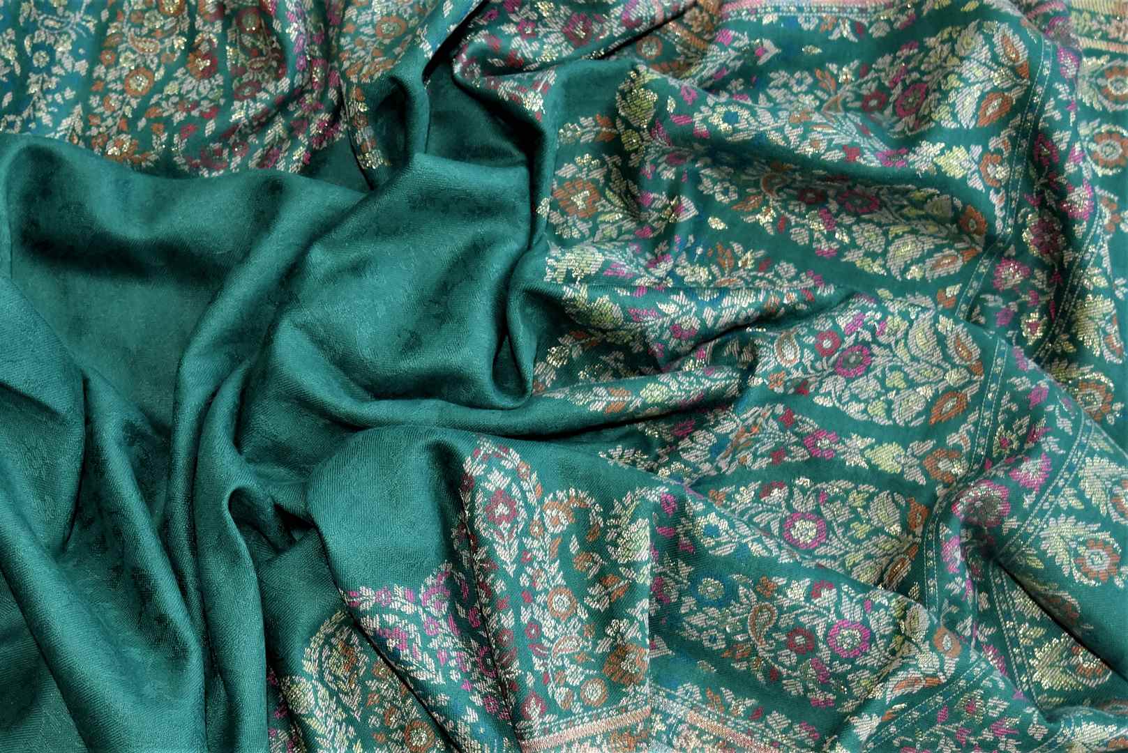 Shop stunning sea green stole with multicolor Kani weave online in USA. Shop beautiful designer stoles, embroidered dupattas, Banarasi dupattas, handwoven dupatta from Pure Elegance Indian fashion store in USA.-full view