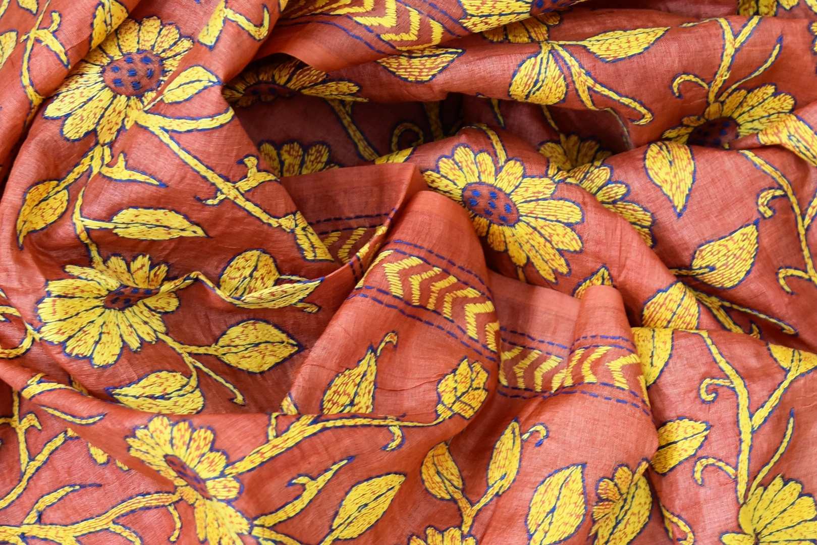 Buy gorgeous orange tussar silk dupatta online in USA with Kantha floral embroidery. Look attractive on special occasions in the beautiful silk sarees, designer saris, embroidered sarees, handwoven saris, designer Indian clothing, dupattas, Indian dresses from Pure Elegance Indian fashion store in USA.-details