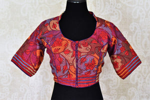 Shop stunning multicolor Kantha stitch silk saree blouse online in USA. Shop gold plated jewelry, silver jewelry,  silver earrings, bridal jewelry, fashion jewelry from Amrapali from Pure Elegance Indian clothing store in USA.-front