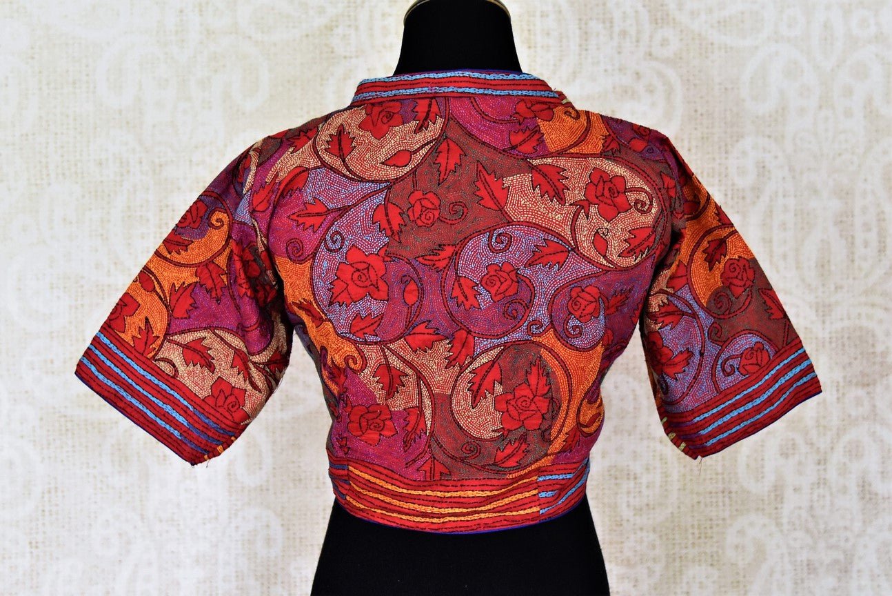 Shop stunning multicolor Kantha stitch silk saree blouse online in USA. Shop gold plated jewelry, silver jewelry,  silver earrings, bridal jewelry, fashion jewelry from Amrapali from Pure Elegance Indian clothing store in USA.-back