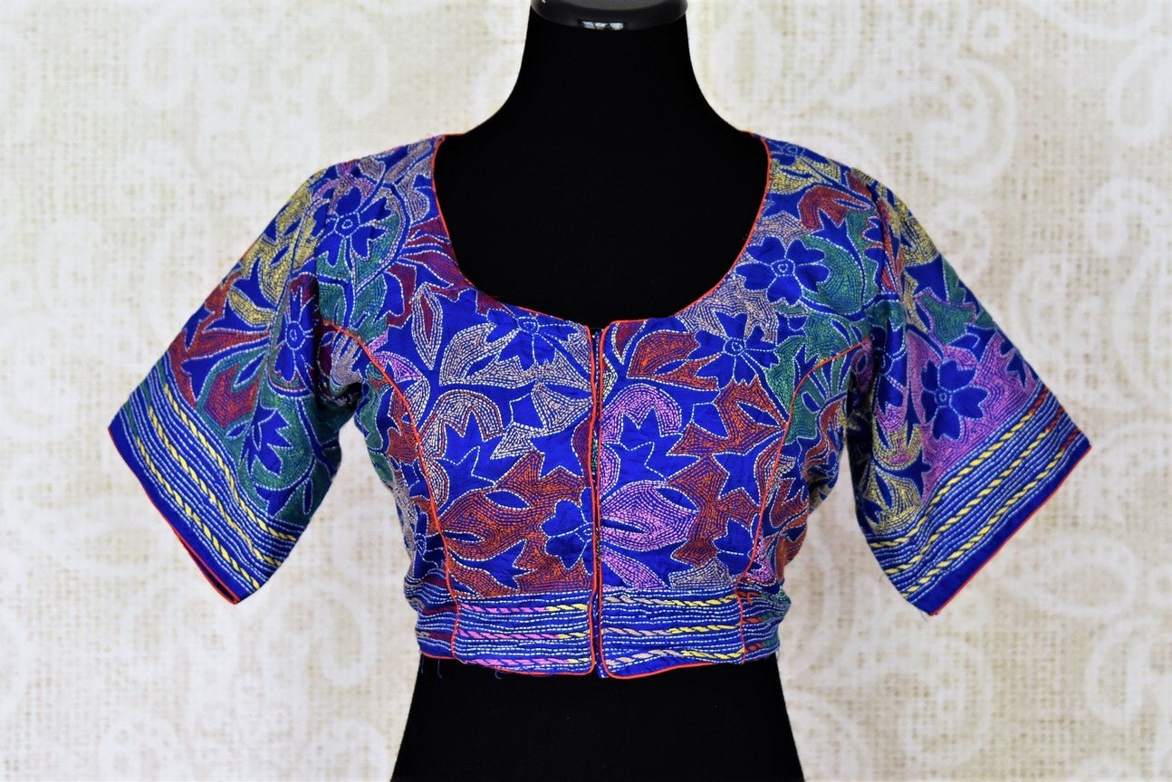 Buy stunning blue Kantha stitch silk saree blouse online in USA. Shop gold plated jewelry, silver jewelry,  silver earrings, bridal jewelry, fashion jewelry from Amrapali from Pure Elegance Indian clothing store in USA.-full view